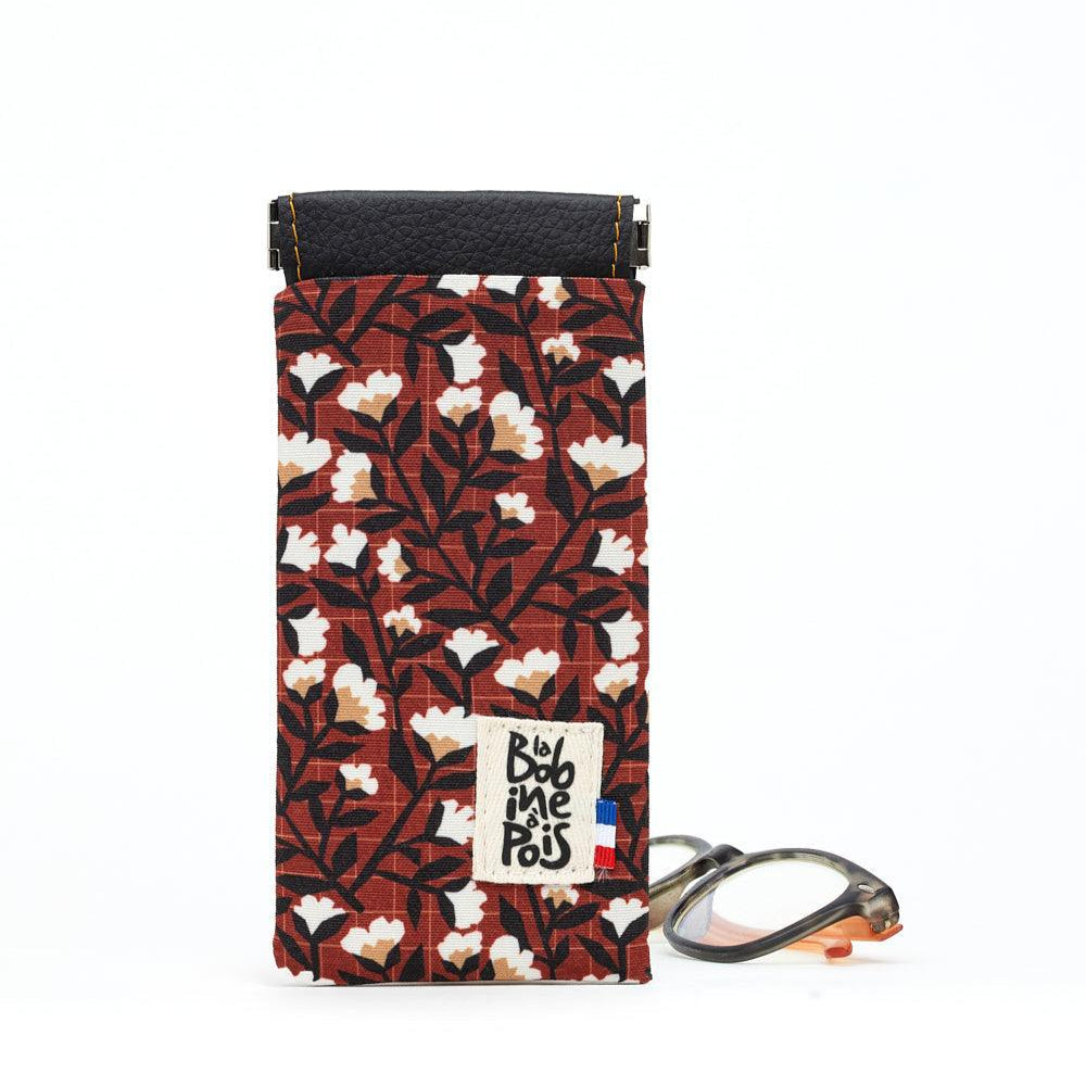 étui à lunettes souple ELIA en tissu recyclé à motif floral et cuir vegan noir