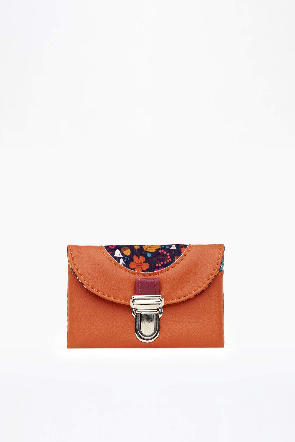 porte-monnaie LOOMA en cuir vegan orange et tissu velours à motif floral de face