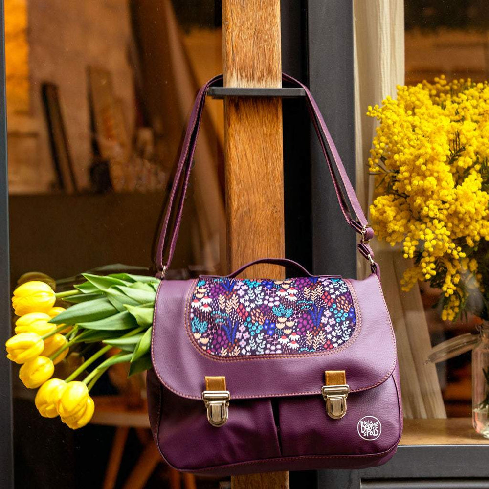 sac cartable Obby en cuir vegan Willow prune et velours français à motif floral violet