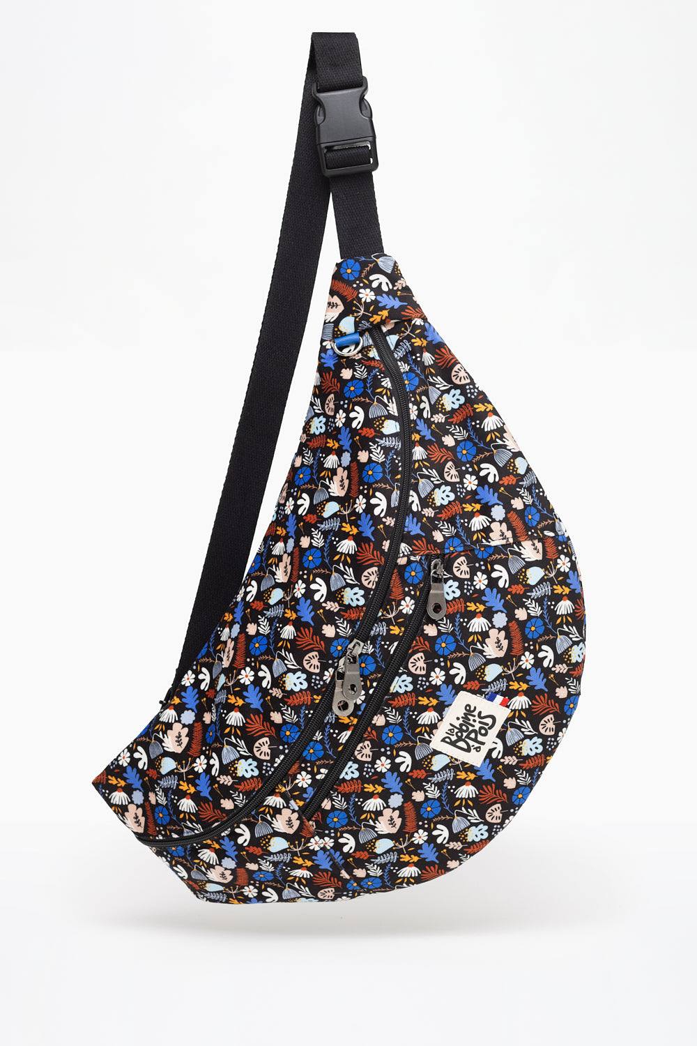 sac banane XL Big Banana COBALT en velours doux français à motif floral noir et bleu