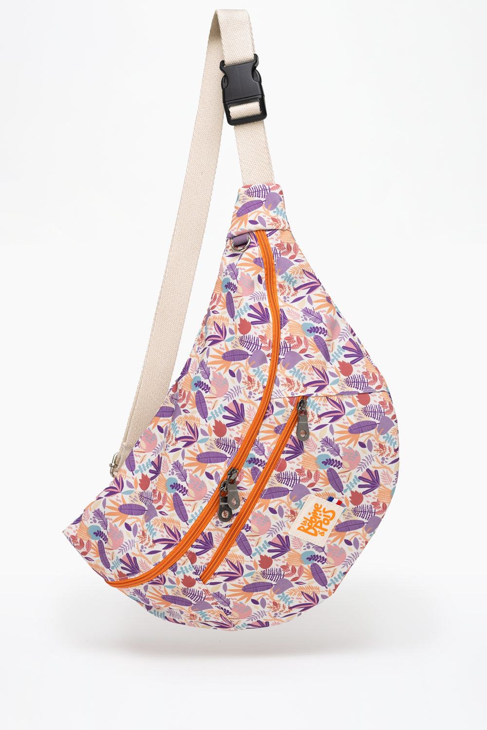 sac banane XL Big Banana LILAS en tissu recyclé déperlant à motif floral violet et orange