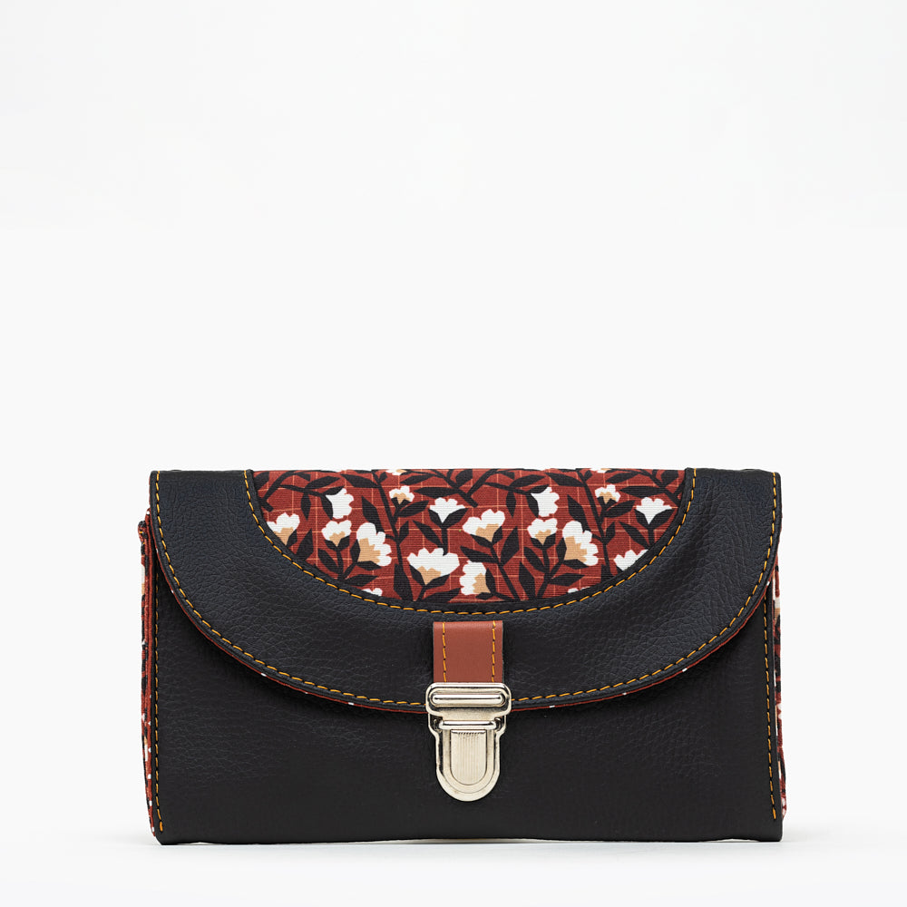 portefeuille compagnon souple ELIA en cuir vegan noir et tissu recyclé à motif floral de face