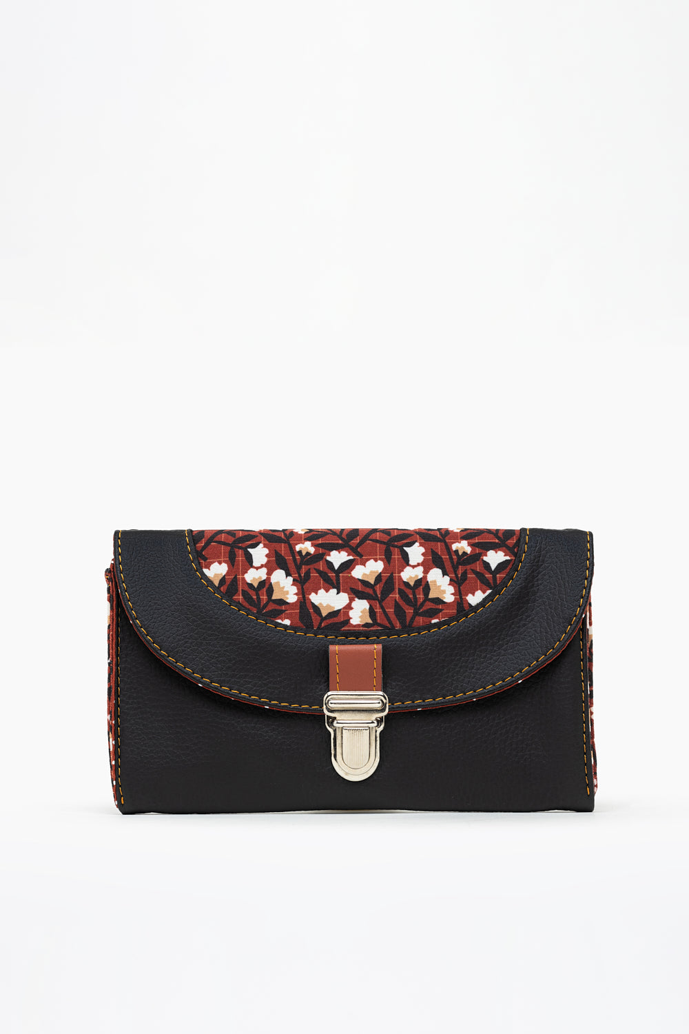 portefeuille compagnon souple ELIA en cuir vegan noir et tissu recyclé à motif floral de face