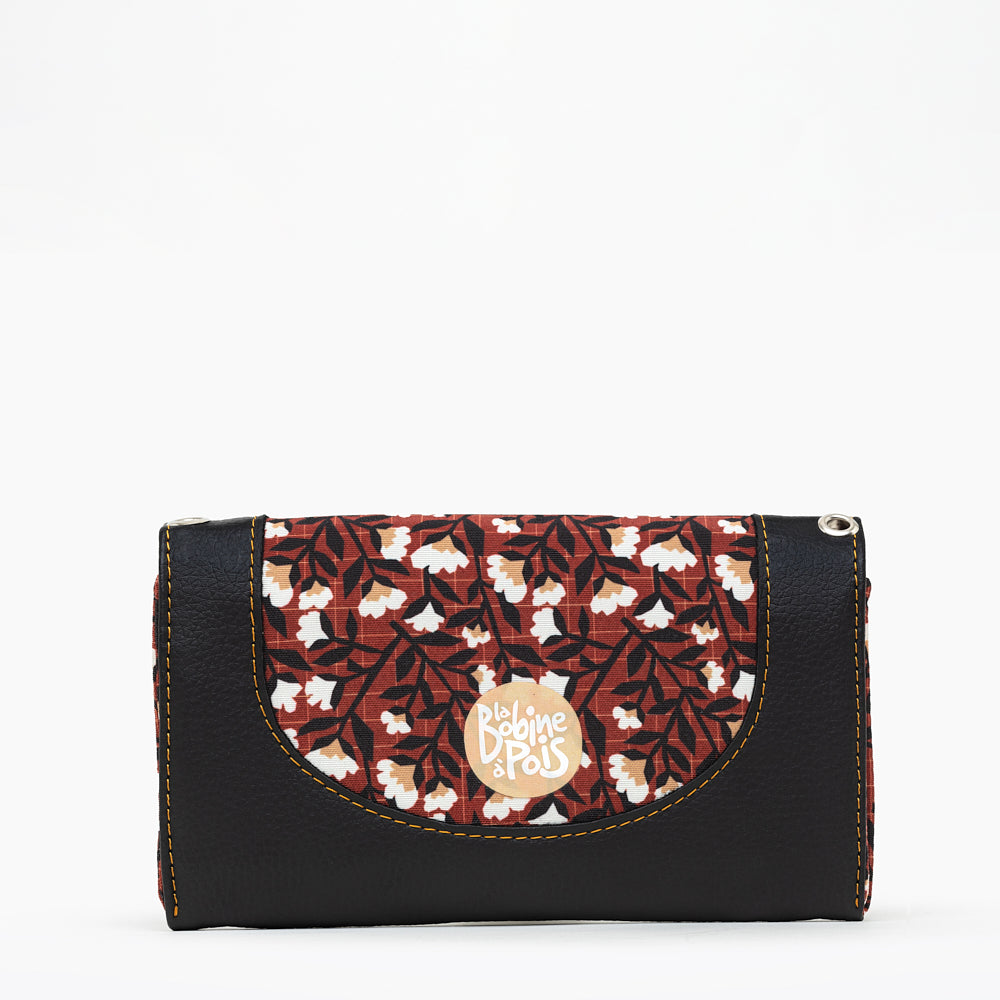 portefeuille compagnon souple ELIA en cuir vegan noir et tissu recyclé à motif floral de dos