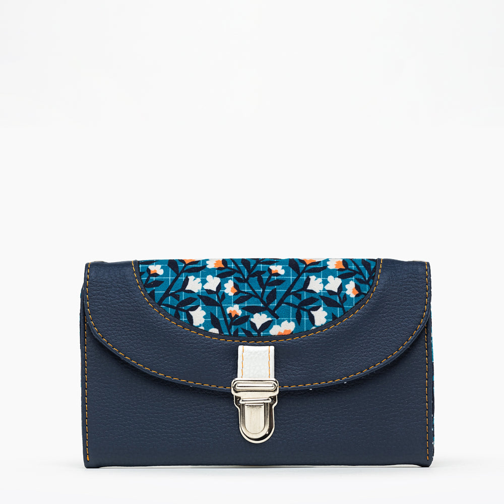 portefeuille compagnon souple KIKO en cuir vegan bleu foncé et tissu velours à motif floral rétro de face