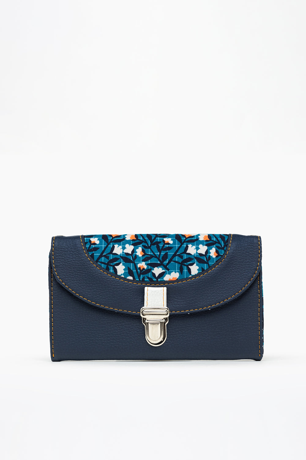 portefeuille compagnon souple KIKO en cuir vegan bleu foncé et tissu velours à motif floral rétro de face