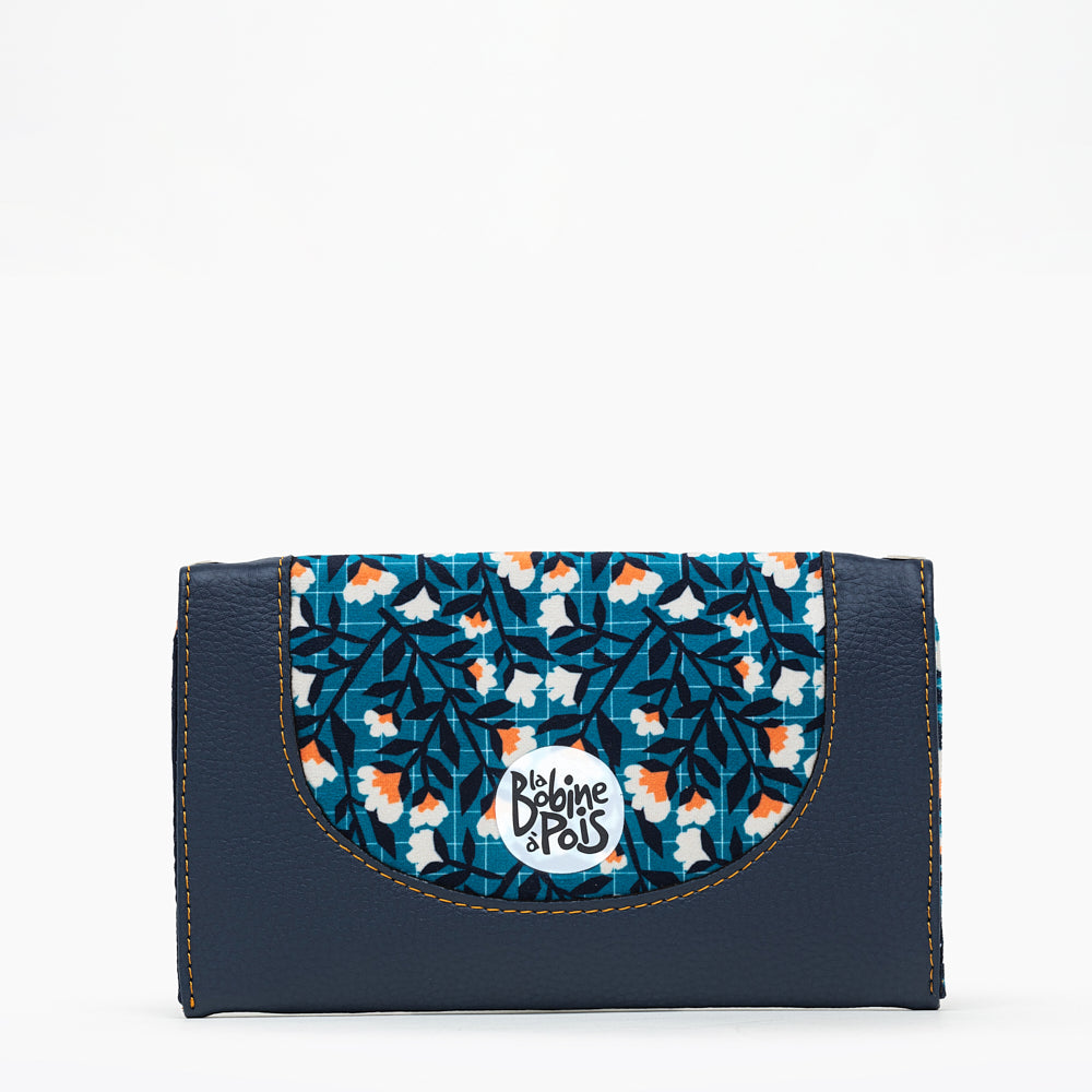 portefeuille compagnon souple KIKO en cuir vegan bleu foncé et tissu velours à motif floral rétro de dos