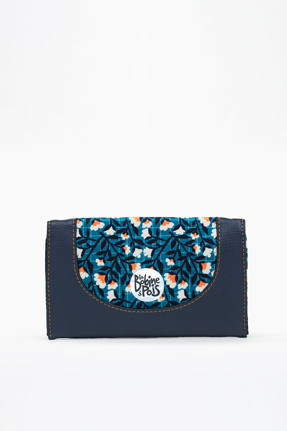 portefeuille compagnon souple KIKO en cuir vegan bleu foncé et tissu velours à motif floral rétro de dos