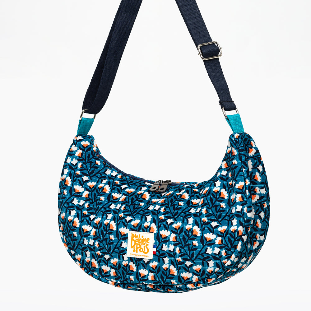 sac banane demi lune MiMoon KIKO en velours français à motif floral retro bleu céruléen