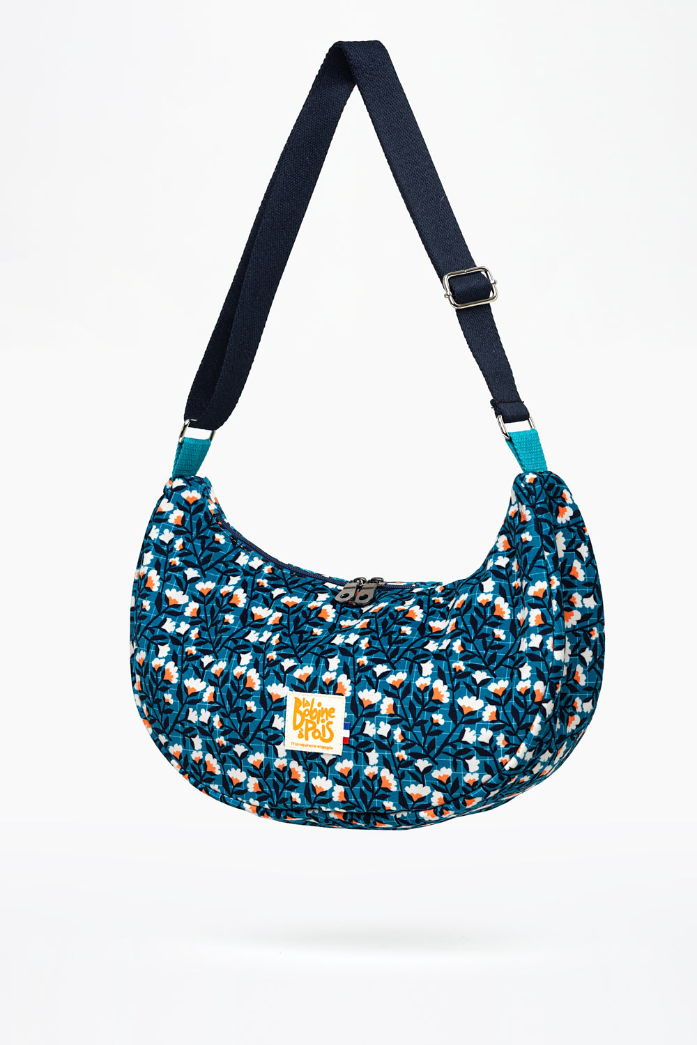 sac banane demi lune MiMoon KIKO en velours français à motif floral retro bleu céruléen