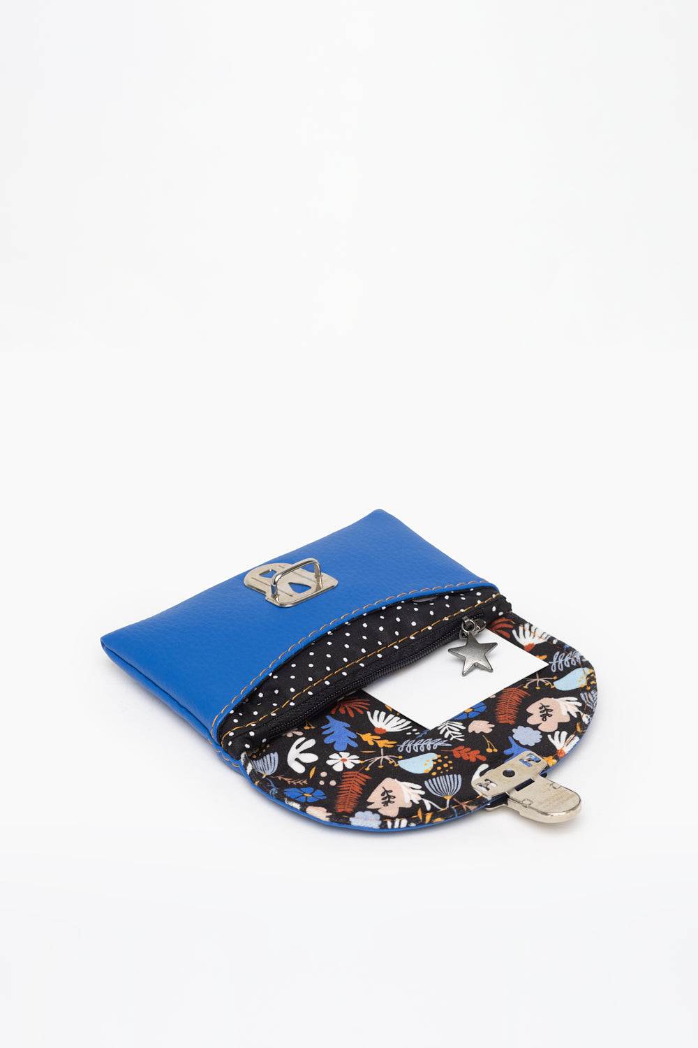 porte-monnaie COBALT en cuir vegan bleu électrique et tissu velours à motif floral ouvert