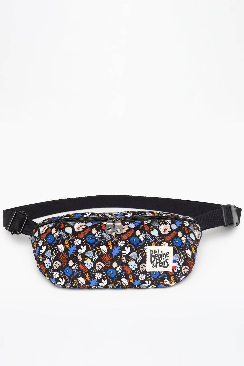 sac banane COBALT en velours doux français à motif floral noir et bleu