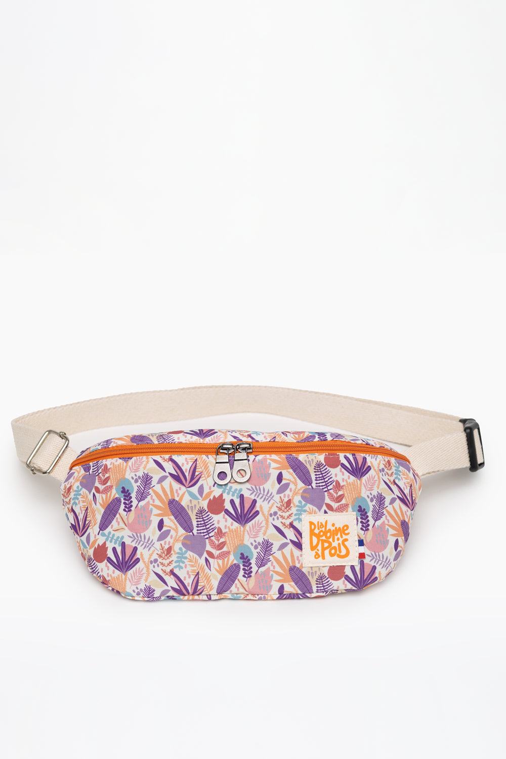 sac banane LILAS en tissu recyclé déperlant à motif floral violet et orange